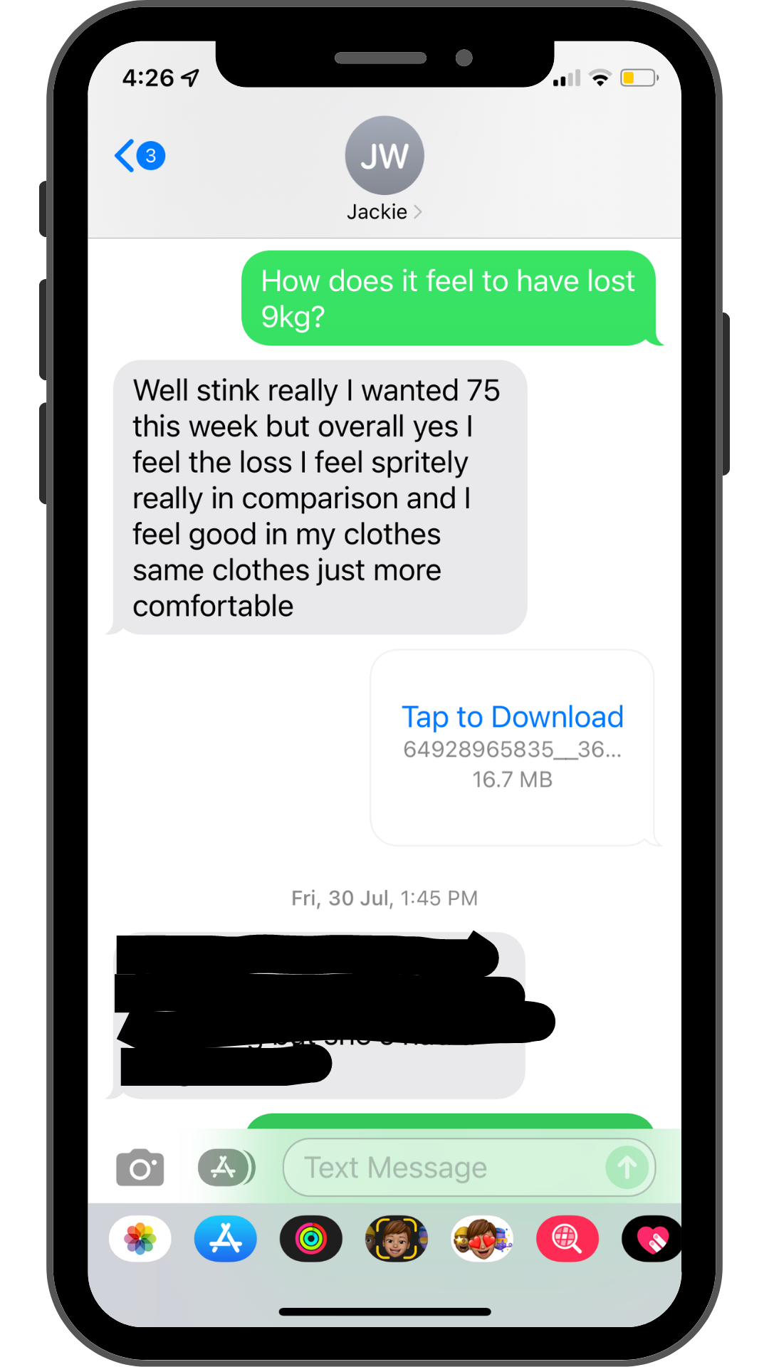 Screenshot of a genuine message from Jackie