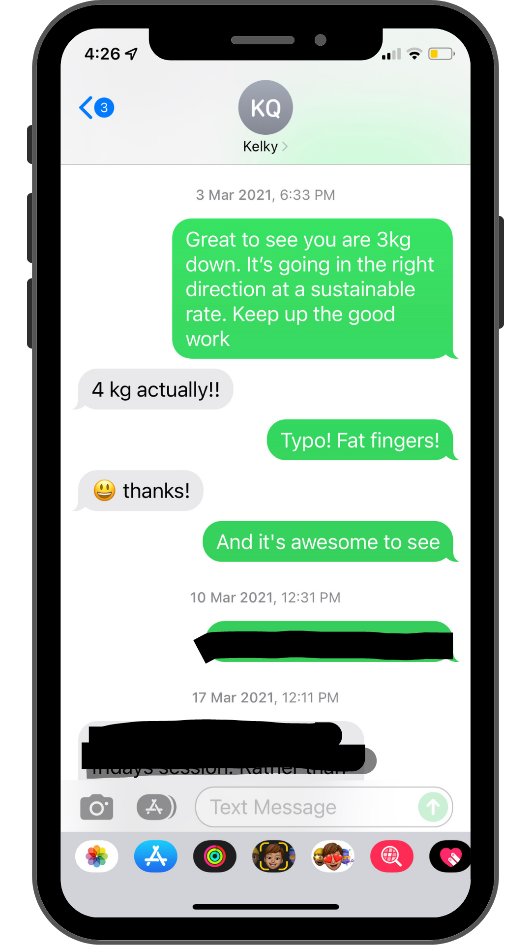 Screenshot of a genuine message from Kelly