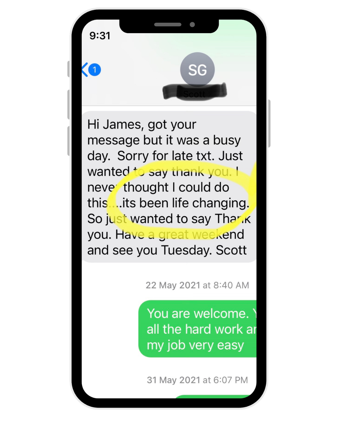 Screenshot of a genuine client message from Scott